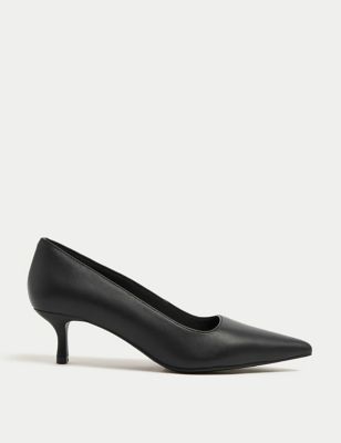 M&S Womens Wide Fit Leather Kitten Heel Court Shoes - 4 - Black, Black