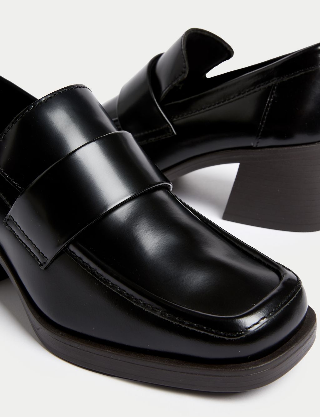 Leather Block Heel Square Toe Loafers image 3