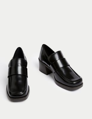 Leather Block Heel Square Toe Loafers