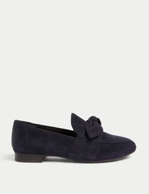 M&S Womens Wide Fit Suede Bow Flat Loafers - 7.5 - Navy, Navy,Pink,Black