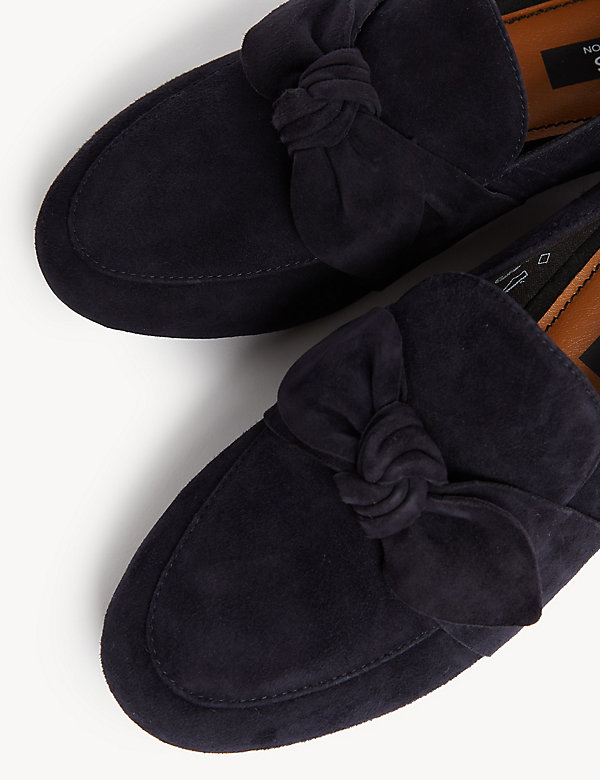 Wide Fit Suede Bow Flat Loafers - NZ