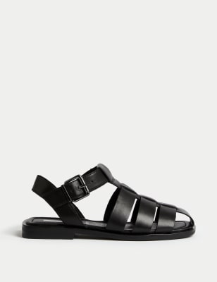 M&S Women's Wide Fit Leather Strappy Sandals - 4 - Black, Black,Tan