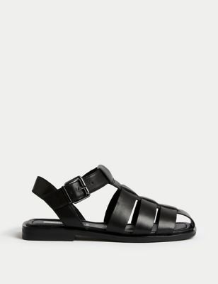 M&S Womens Wide Fit Leather Strappy Sandals - 3.5 - Black, Black,Tan