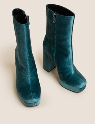 Velvet Platform Square Toe Ankle Boots