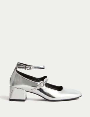 

Womens M&S Collection Patent Strappy Block Heel Court Shoes - Silver, Silver