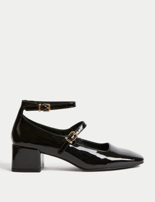 M&S Womens Patent Strappy Block Heel Court Shoes - 6 - Black, Black