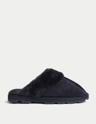 M&S Womens Suede Faux Fur Lined Mule Slippers - 4 - Midnight Navy, Midnight Navy,Dark Tan,Stone,Dust