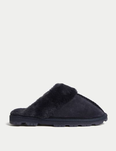 Suede Faux Fur Lined Mule Slippers