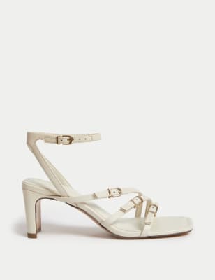 M&S Womens Leather Buckle Strappy Block Heel Sandals - 3.5 - Ivory, Ivory,Black,Soft Green