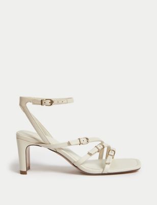 M&S Womens Leather Buckle Strappy Block Heel Sandals - 3.5 - Ivory, Ivory,Black,Soft Green