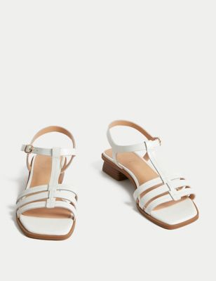 M&S Womens Wide Fit Leather T Bar Block Heel Sandals - 3.5 - White, White,Wheat,Gold,Black