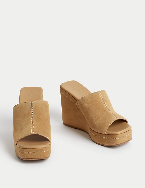 Suede Wedge Open Toe Mules - JE