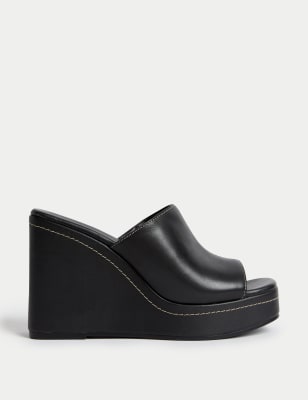 M&S Women's Leather Wedge Mules - 5 - Black, Black