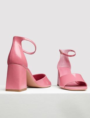 M&S Women's Leather Patent Block Heel Sandals - 3 - Pink, Pink,Black
