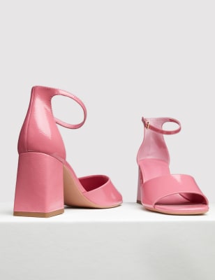 M&S Women's Leather Patent Block Heel Sandals - 3 - Pink, Pink,Black