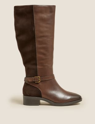 

Womens M&S Collection Wide Fit Leather Block Heel Knee High Boots - Chocolate, Chocolate