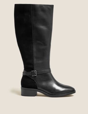  Bottes larges en cuir hauteur genou à talons carrés - Black