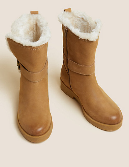 Wide Fit Leather Faux Fur Lined Ankle Boots