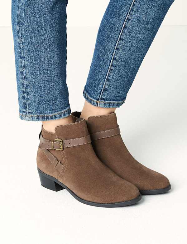 Wide Fit Suede Side Buckle Block Heel Ankle Boots M S Collection