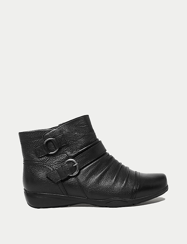 Wide Fit Leather Buckle Ruched Ankle Boots - FI