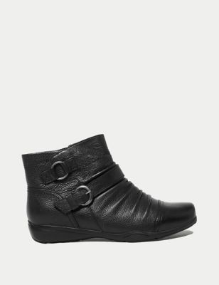 M&S Womens Wide Fit Leather Buckle Ruched Ankle Boots - 3.5 - Black, Black