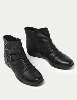 M&S Womens Wide Fit Leather Buckle Ruched Ankle Boots