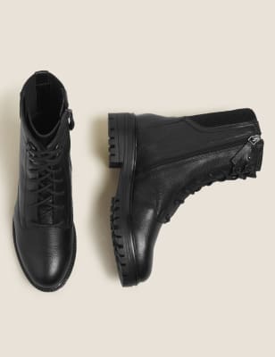 

Womens M&S Collection Wide Fit Leather Lace Up Flat Ankle Boots - Black, Black