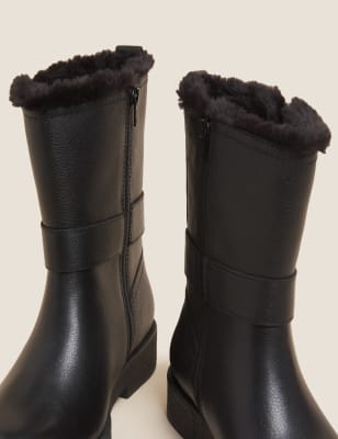 Wide Fit Leather Faux Fur Trim Ankle Boots