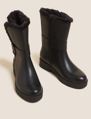 M&S Womens Wide Fit Leather Faux Fur Trim Ankle Boots