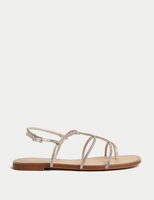 M&S Womens Sparkle Buckle Strappy Flat Sandals - 3 - Natural, Natural