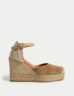 Suede Ankle Strap Wedge Espadrilles - RS