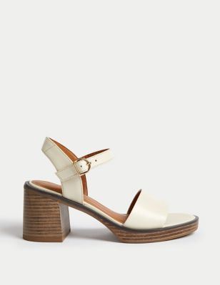 M&S Womens Leather Ankle Strap Block Heel Sandals - 4 - Ivory, Ivory,Black