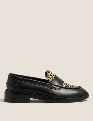 

Womens M&S Collection Wide Fit Leather Leopard Print Flat Loafers - Black Mix, Black Mix