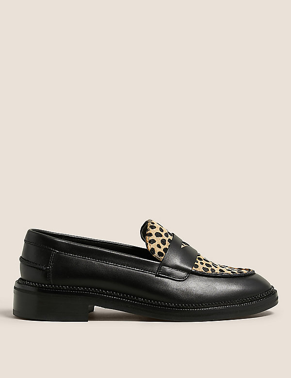 Wide Fit Leather Leopard Print Flat Loafers