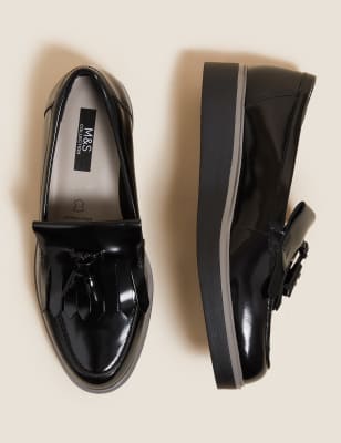 

Womens M&S Collection Flache Lederslipper mit Quaste in weiter Passform - Black, Black