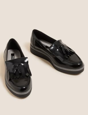 M&S Womens Wide Fit Leather Tassel Flatform Loafers - 3 - Black, Black