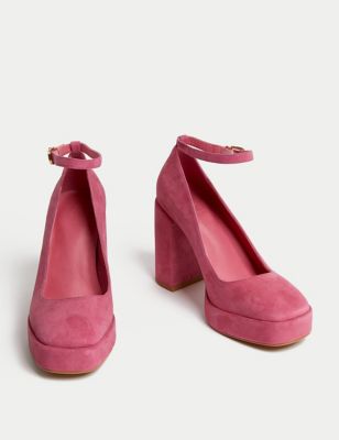 M&S Women's Suede Ankle Strap Platform Heels - 4 - Pink, Pink