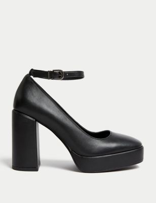 M&S Womens Leather Ankle Strap Platform Heels - 8 - Black, Black,Sand
