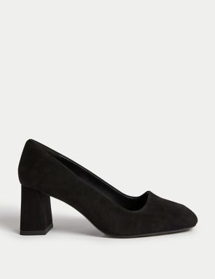M&S Womens Wide Fit Leather Block Heel Court Shoes - 7.5 - Black, Black