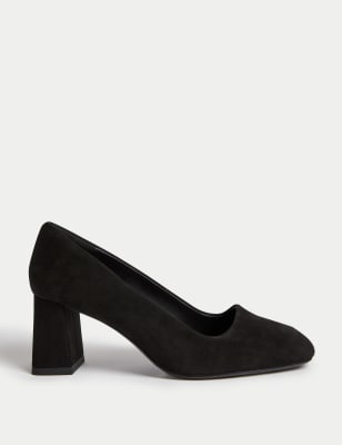 Wide Fit Leather Block Heel Court Shoes