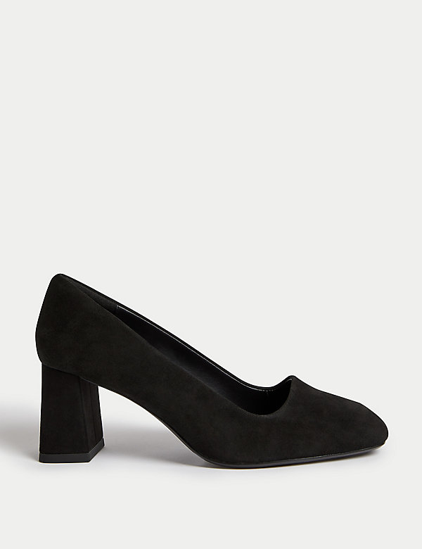 Wide Fit Leather Block Heel Court Shoes - CA