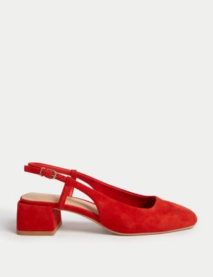 M&S Womens Suede Block Heel Slingback Sandals - 4 - Red, Red