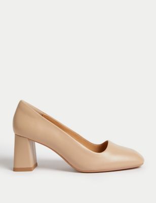 M&S Womens Wide Fit Leather Block Heel Court Shoes - 3.5 - Opaline, Opaline