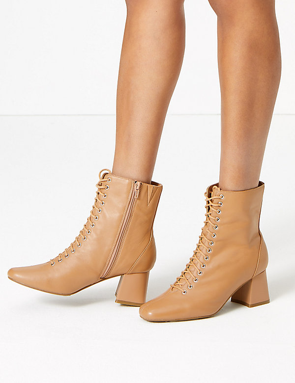Leather Lace Up Ankle Boots - FR