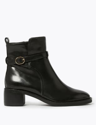  Bottines en cuir à boucle et talons carrés - Black