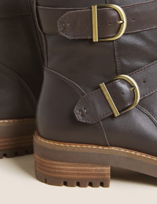 M&S Per Una Womens Leather Biker Buckle Ankle Boots - 6 - Chocolate, Chocolate
