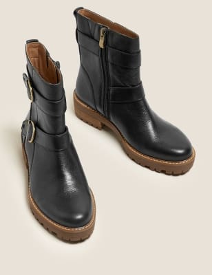 mixed check block heel cleated biker boot