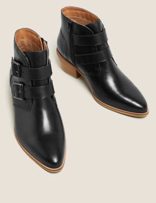 M&S Womens Leather Buckle Block Heel Ankle Boots - 3 - Black, Black,Stone