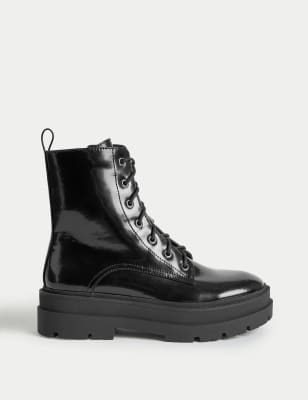 Black patent chunky 2024 lace up boots