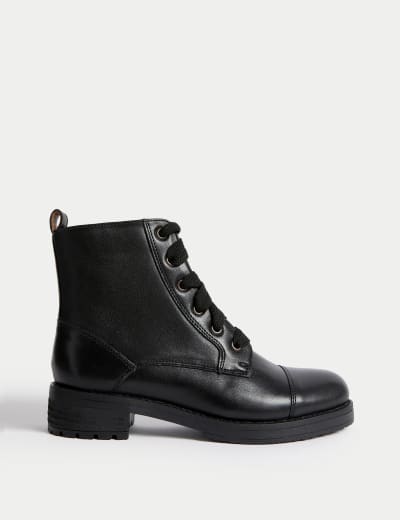 Leather Lace Up Block Heel Ankle Boots